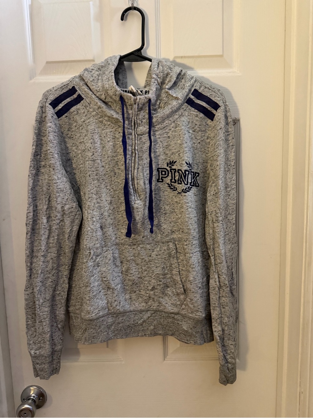 PINK Victoria's Secret Heather Gray Half-Zip Hoodie with Navy Trim